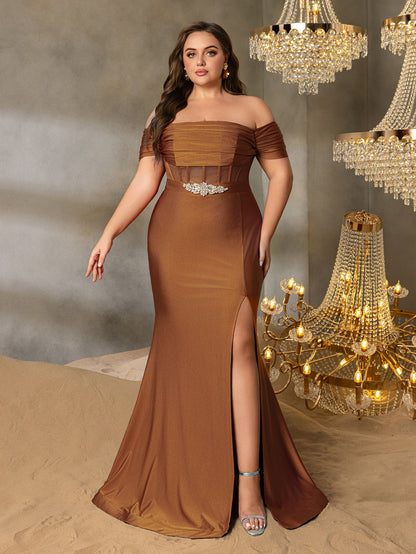 Plus Off-Shoulder Mermaid Gown with Ruching | Silver Belt & High Side Slit