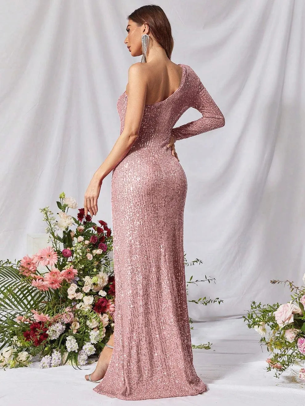 Additional product view of High-Slit One-Shoulder Sequin Sheath Maxi Evening Gown