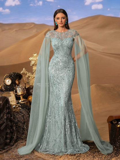 Luxury Round Neck Cloak Sleeve Mermaid Hem Beaded Evening Dress — authorized product image 9