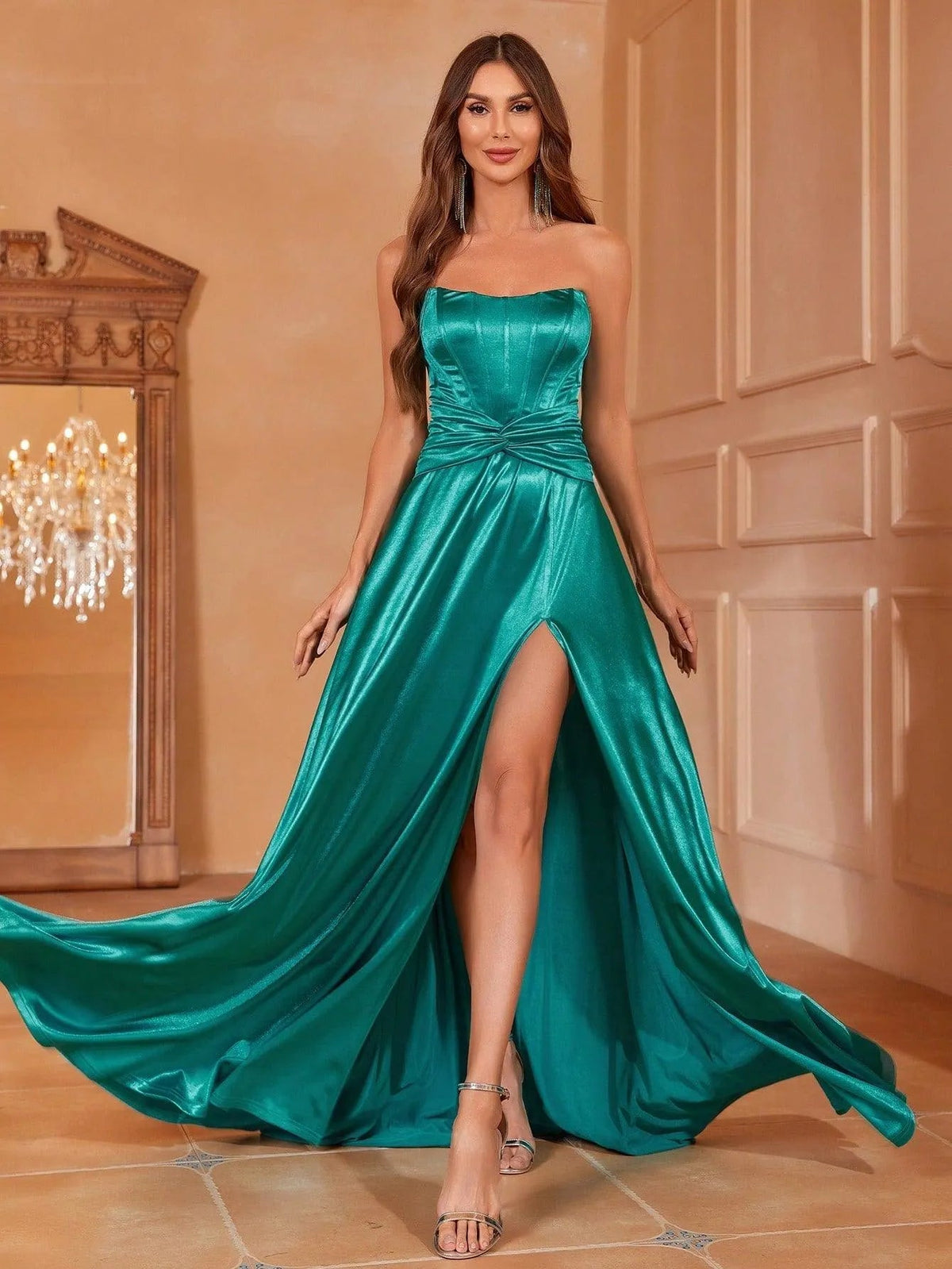 Additional product view of Twist Front High-Slit Strapless Satin A-Line Evening Gown