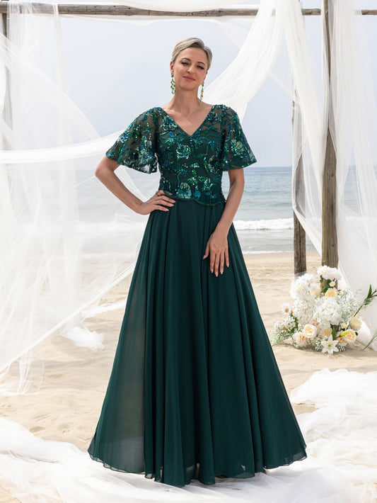 Chiffon Skirt V-Neck Short-Sleeve A-Line Sequin Mother-of-the-Bride Dress in Dark Green