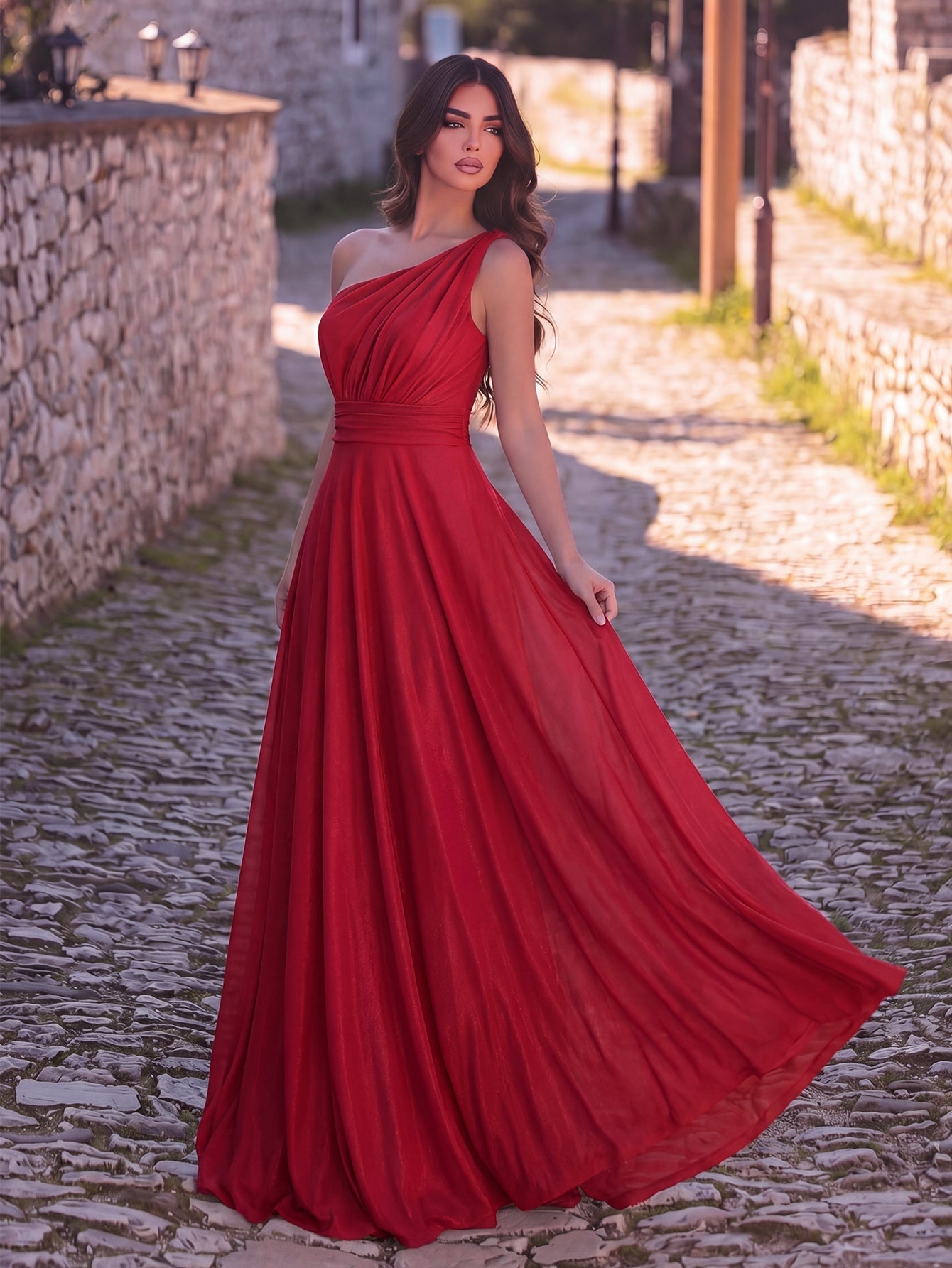 One-Shoulder Chiffon Sleeveless A-Line Evening Gown in Red