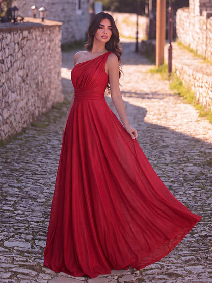 One-Shoulder Chiffon Sleeveless A-Line Evening Gown in Red