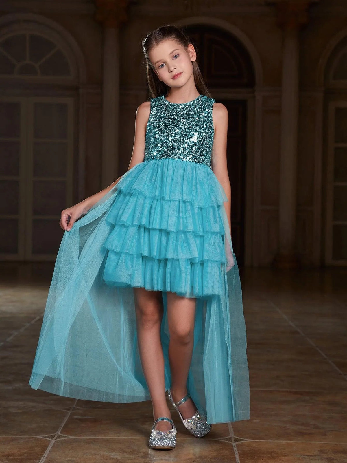 Additional product view of Layered Hem Sequin A-Line Sleeveless Mesh Round Neck Tween Girls' Party Dress