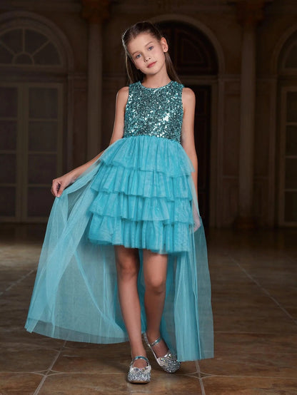 Additional product view of Layered Hem Sequin A-Line Sleeveless Mesh Round Neck Tween Girls' Party Dress