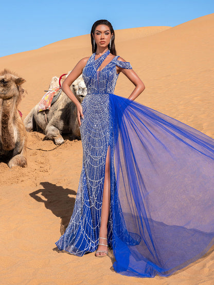 Gorgeous Asymmetrical Neck Draped Side Split Mermaid Hem Beaded Formal Dress Evening Gown – view 11