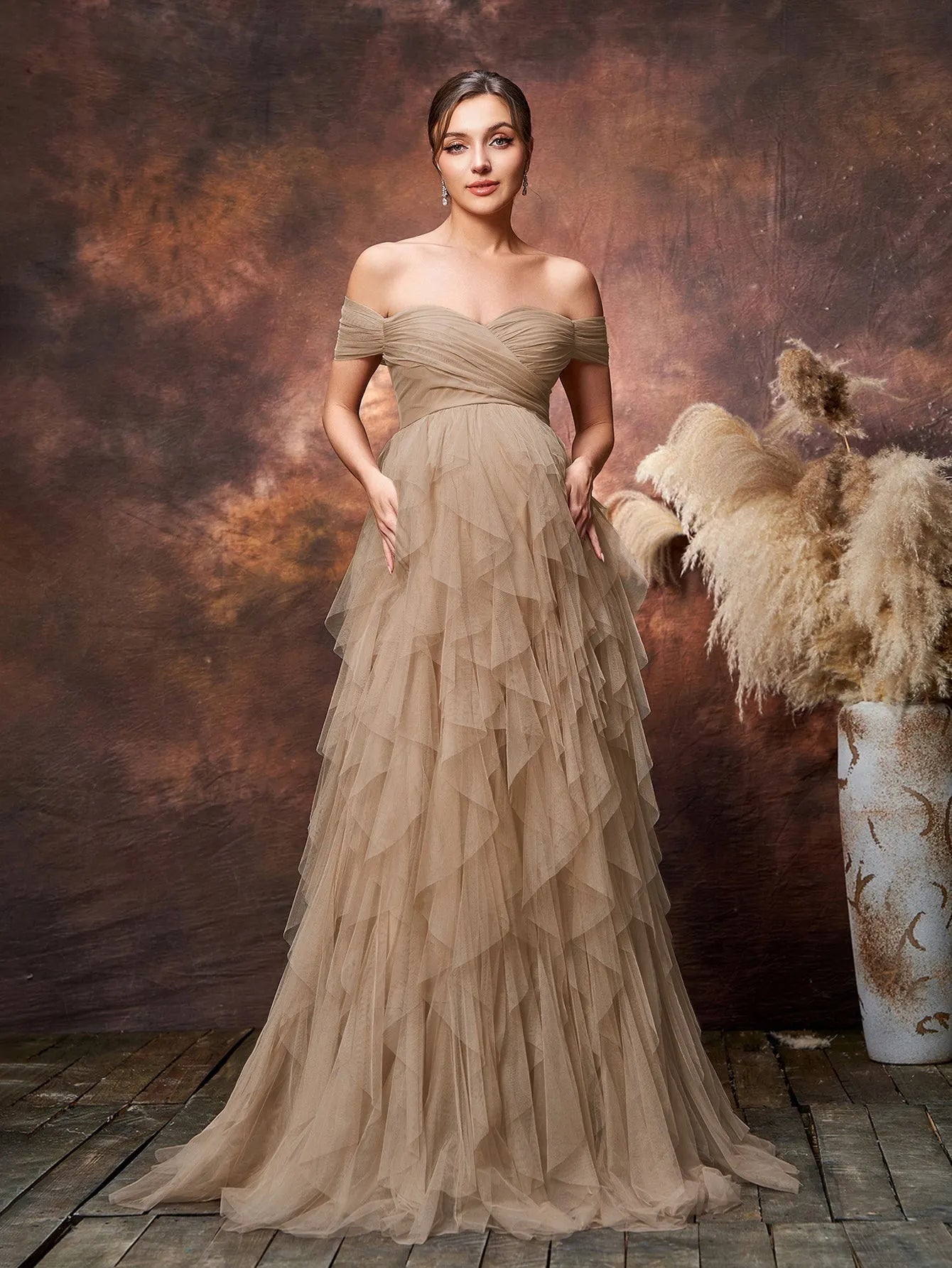 Maternity Off-Shoulder Tulle Short-Sleeve A-Line Evening Gown — authorized product image 7