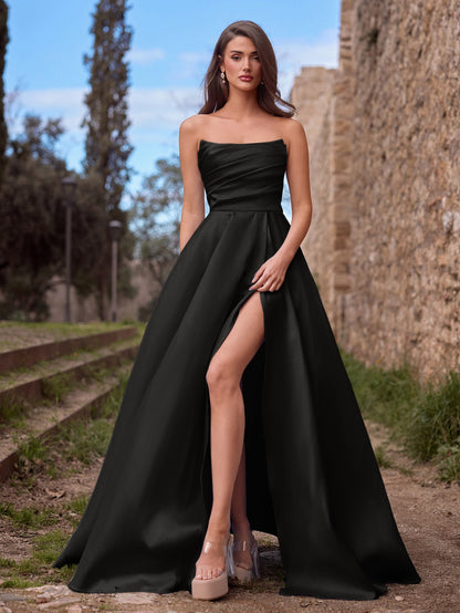 Strapless Lace Satin Sleeveless A-Line Evening Gown in Black