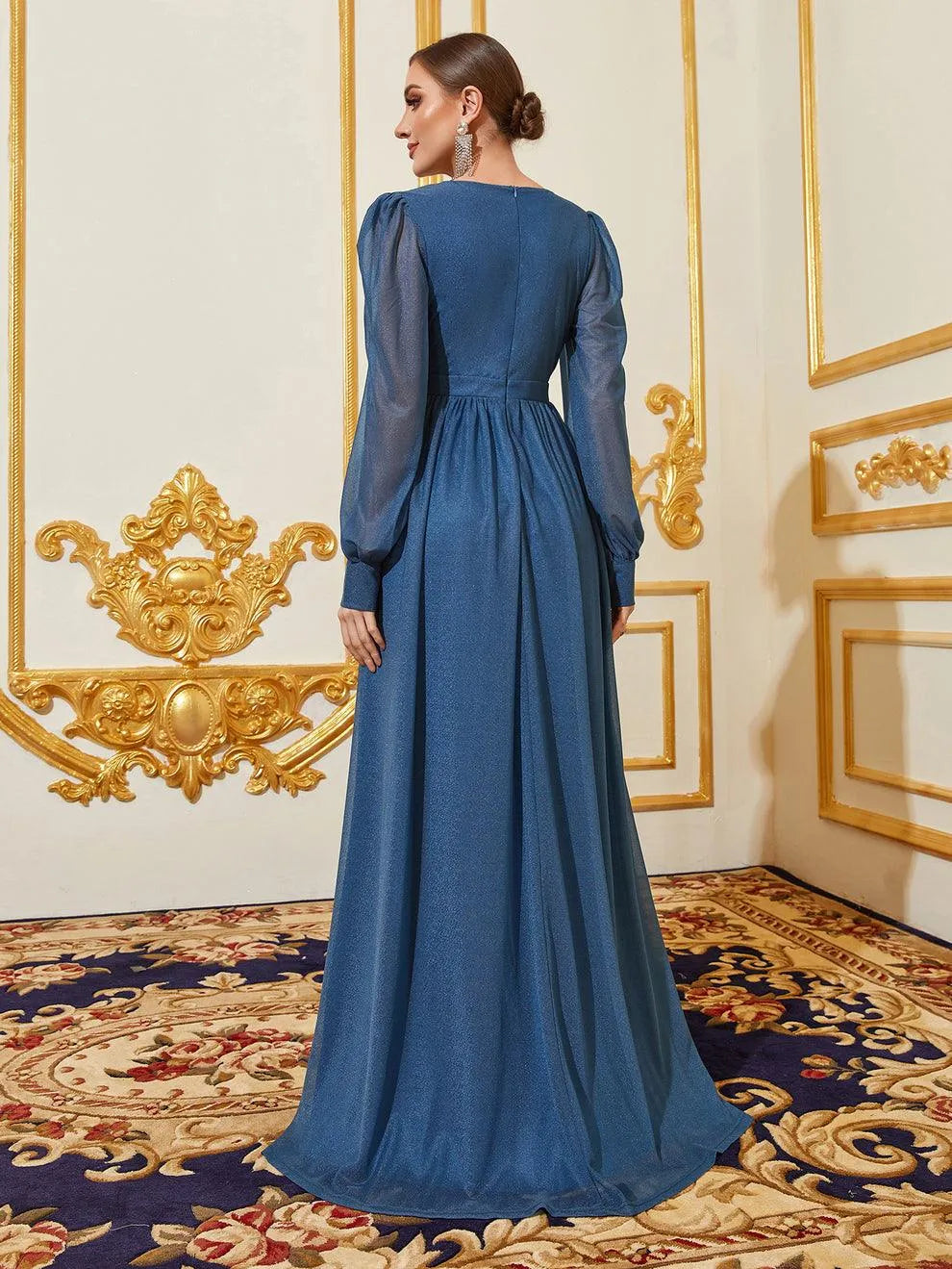 Additional product view of V-Neck Chiffon A-Line Long-Sleeve Maxi Evening Gown