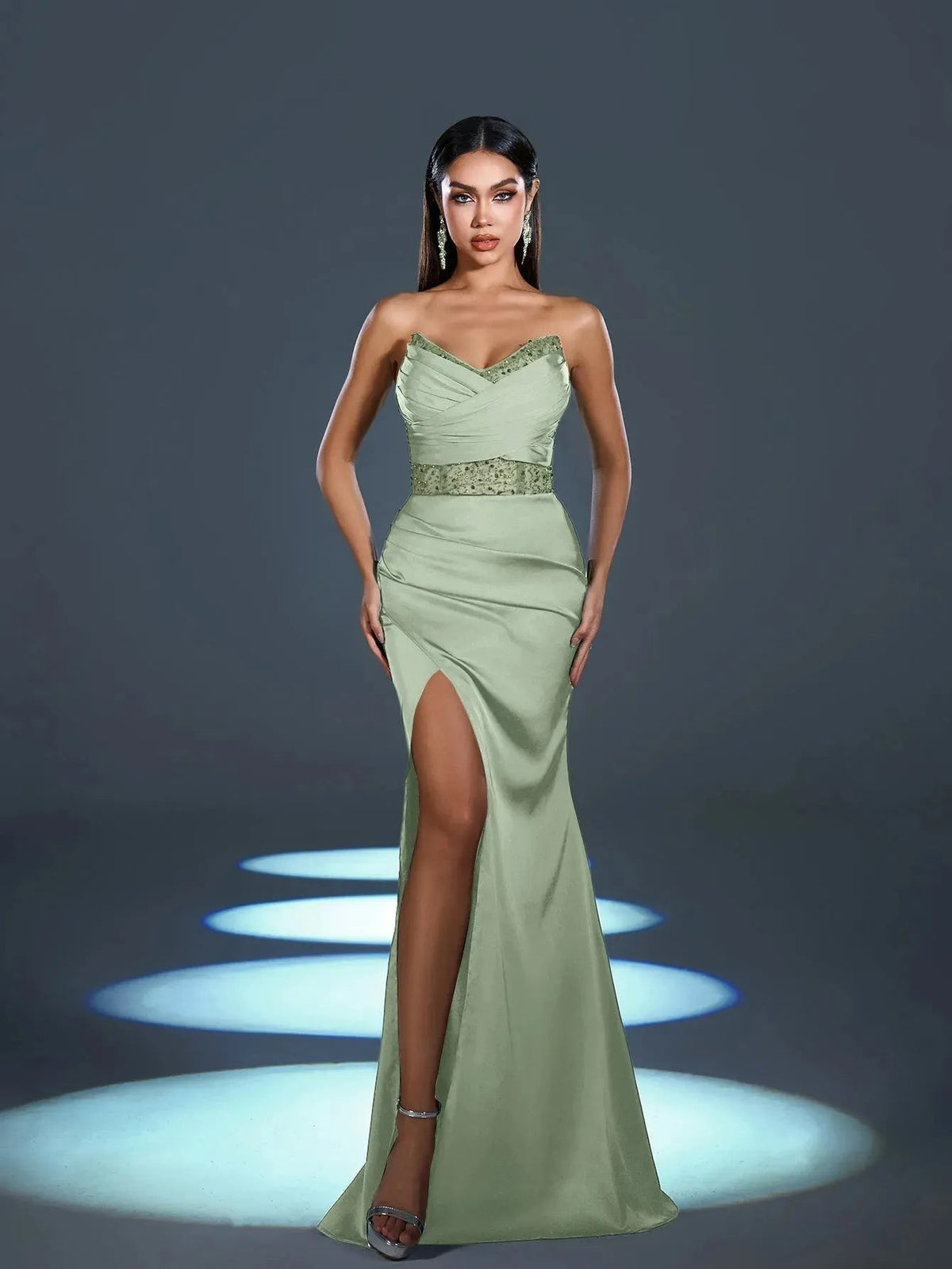 Alternate view of High-Slit Strapless Satin Sequin Mermaid Evening Gown in Mint