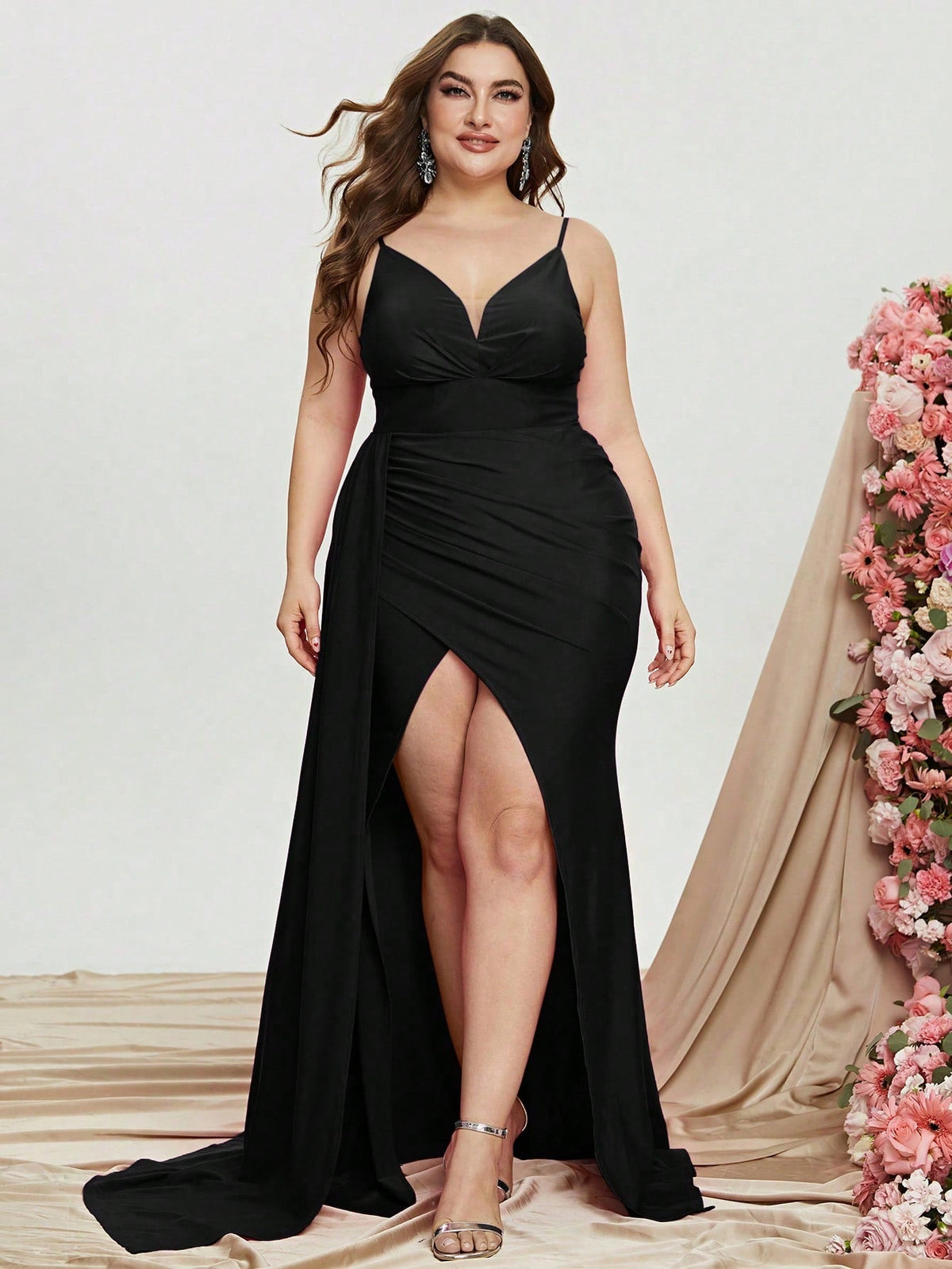 Alternate view of Draped Side Cami Strap Plus-Size Knit High-Slit Evening Gown in Black