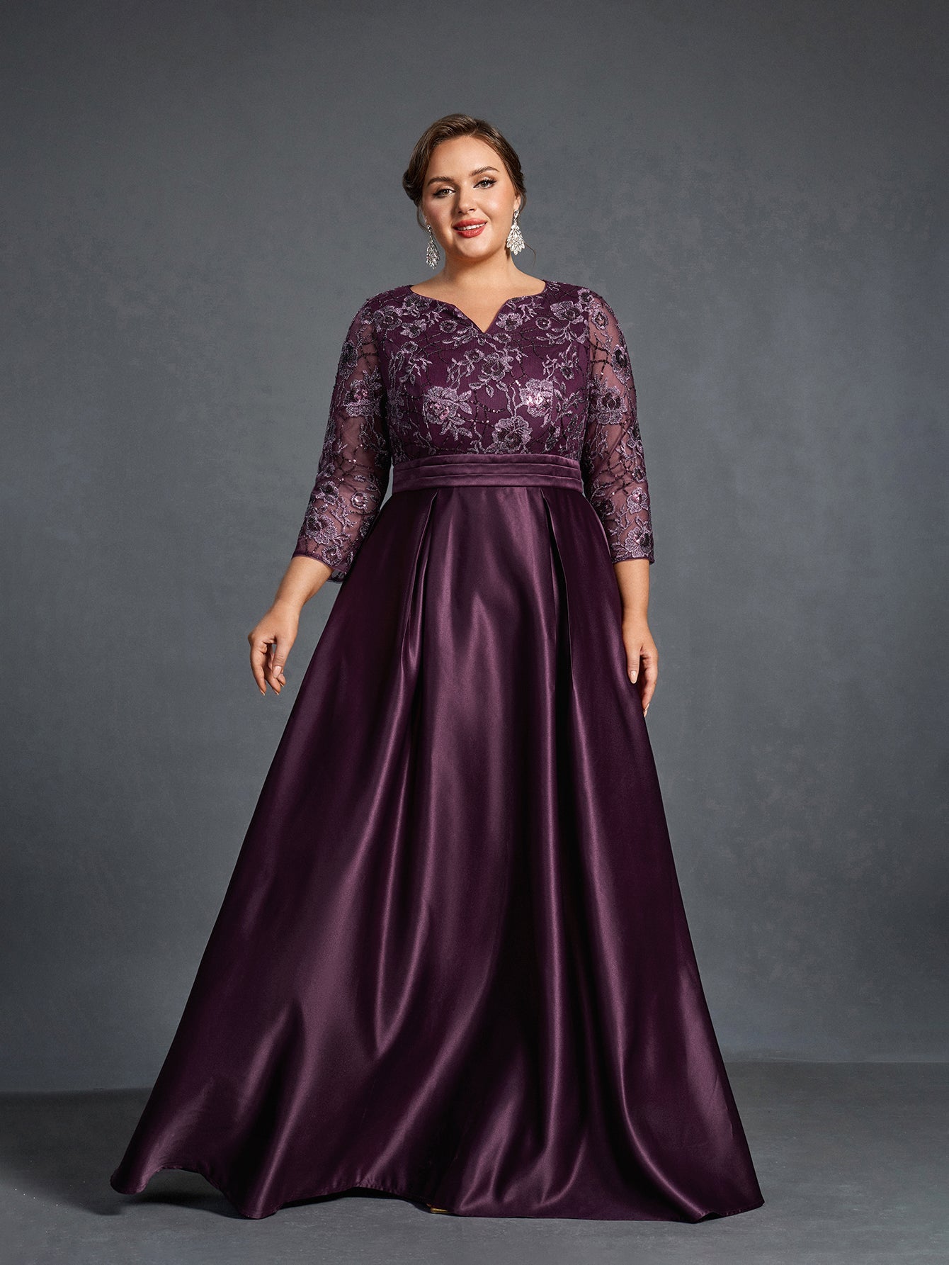 Additional product view of Plus-Size Satin V-Neck A-Line Sequin Mother-of-the-Bride Dress