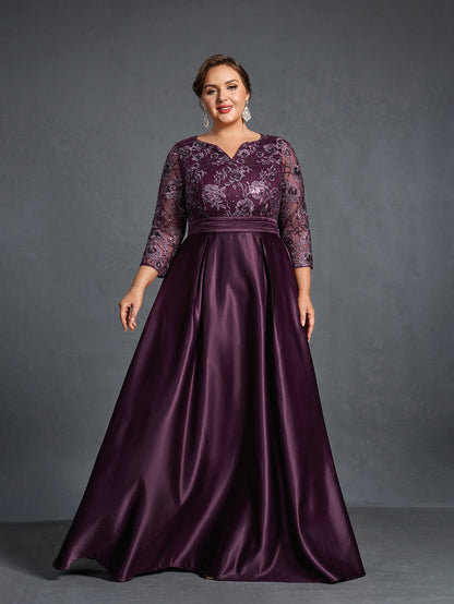 Additional product view of Plus-Size Satin V-Neck A-Line Sequin Mother-of-the-Bride Dress