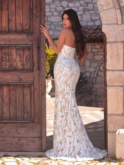 Elegant Strapless Mermaid Hem Floral Sequin Formal Evening Dress