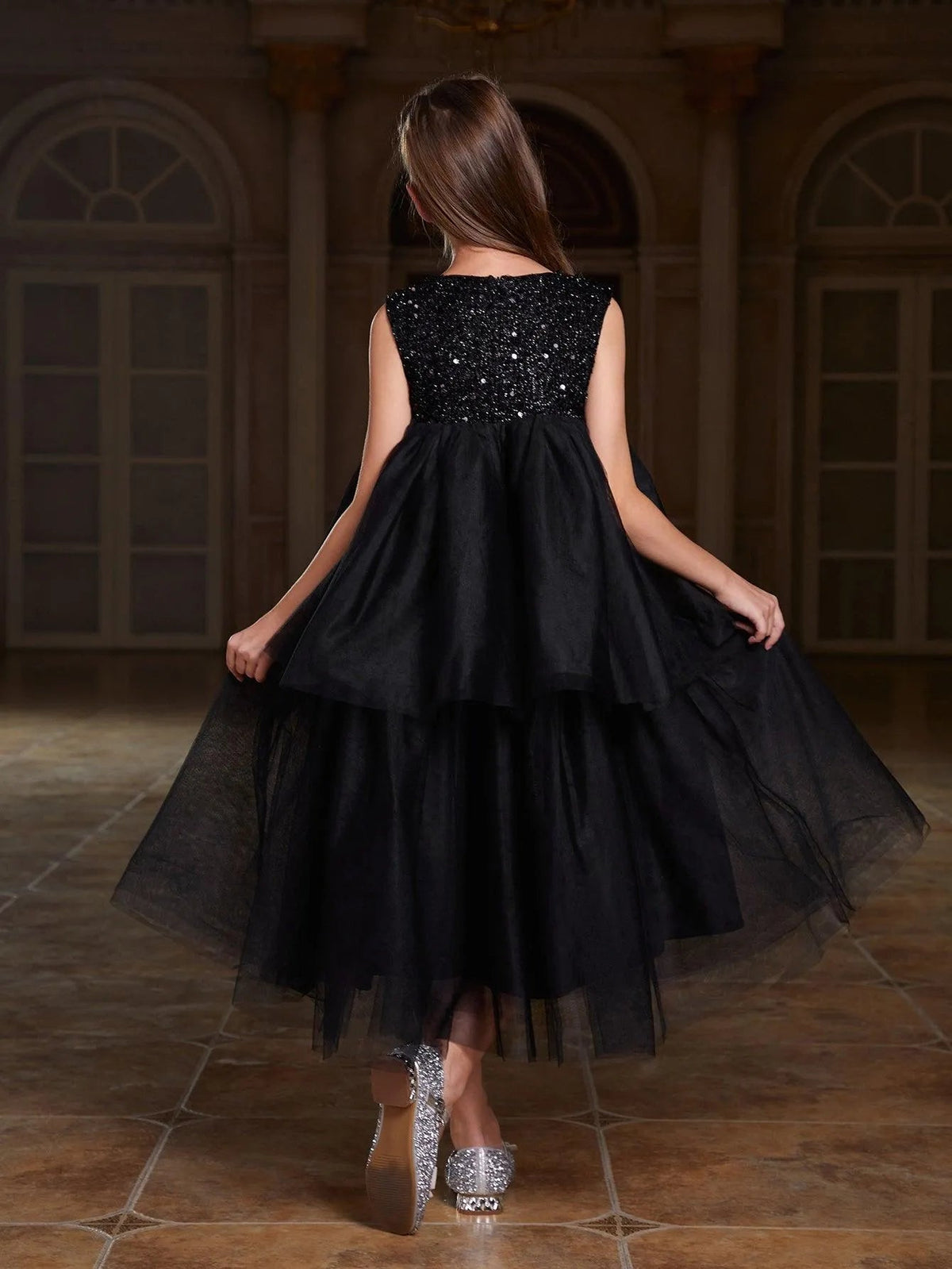 Additional product view of Layered Hem Sequin A-Line Sleeveless Mesh Tween Girls' Party Dress