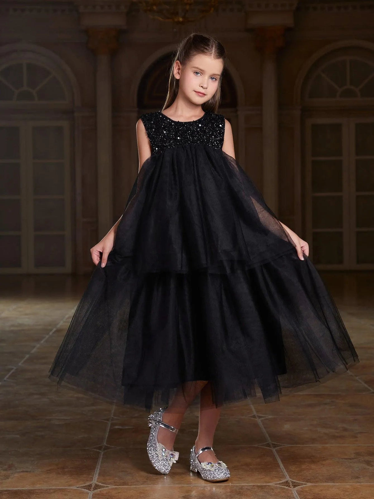 Alternate view of Layered Hem Sequin A-Line Sleeveless Mesh Tween Girls' Party Dress in Black