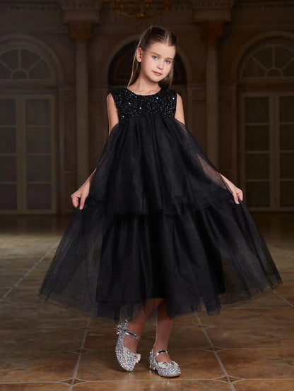 Alternate view of Layered Hem Sequin A-Line Sleeveless Mesh Tween Girls' Party Dress in Black