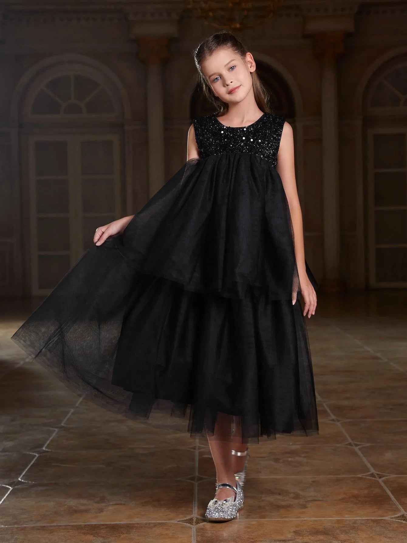 Additional product view of Layered Hem Sequin A-Line Sleeveless Mesh Tween Girls' Party Dress