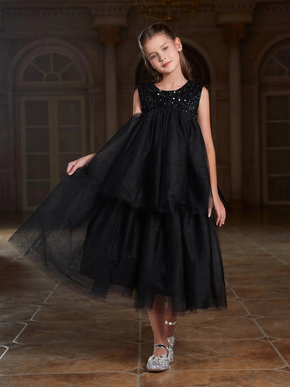 Additional product view of Layered Hem Sequin A-Line Sleeveless Mesh Tween Girls' Party Dress