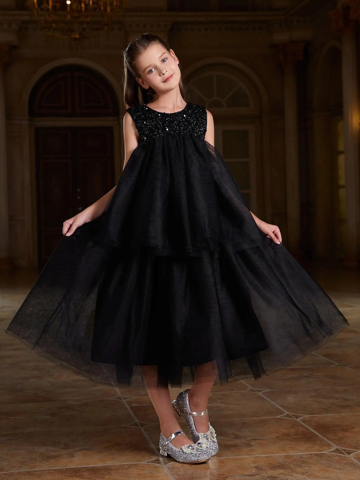Additional product view of Layered Hem Sequin A-Line Sleeveless Mesh Tween Girls' Party Dress