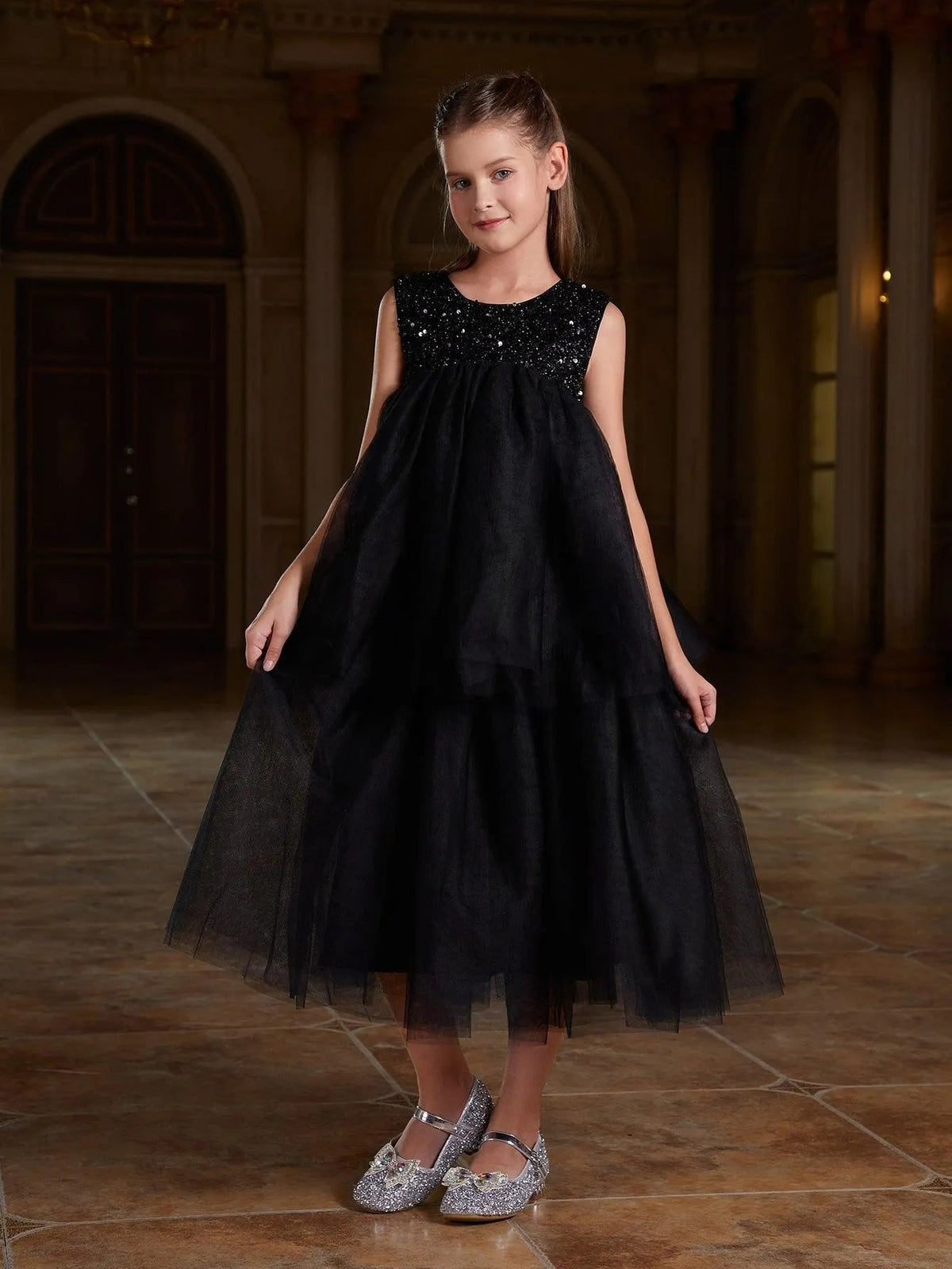 Additional product view of Layered Hem Sequin A-Line Sleeveless Mesh Tween Girls' Party Dress
