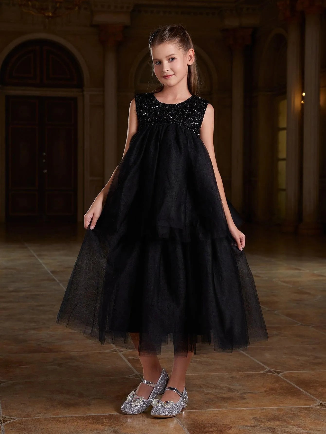 Additional product view of Layered Hem Sequin A-Line Sleeveless Mesh Tween Girls' Party Dress