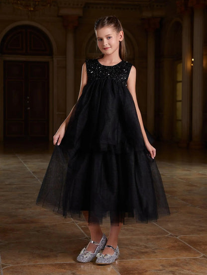 Additional product view of Layered Hem Sequin A-Line Sleeveless Mesh Tween Girls' Party Dress