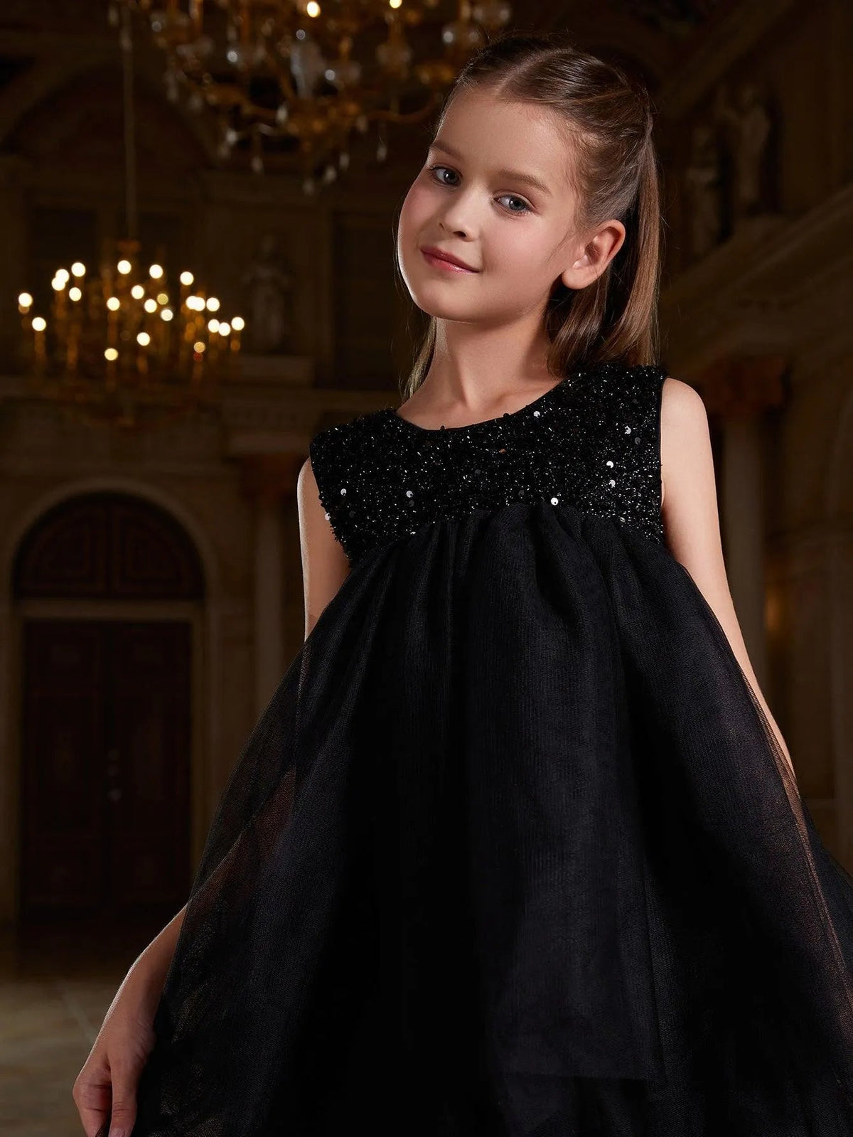 Additional product view of Layered Hem Sequin A-Line Sleeveless Mesh Tween Girls' Party Dress