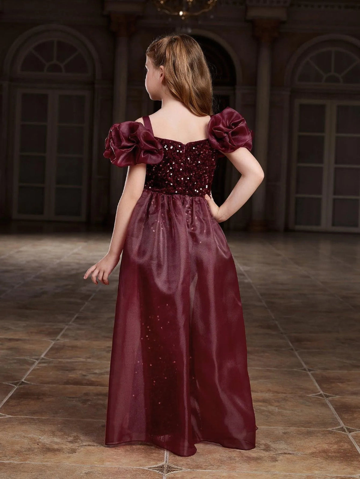 Additional product view of Mesh Overlay Sweetheart-Neck Sequin Mermaid Short-Sleeve Tween Girls' Party Dress