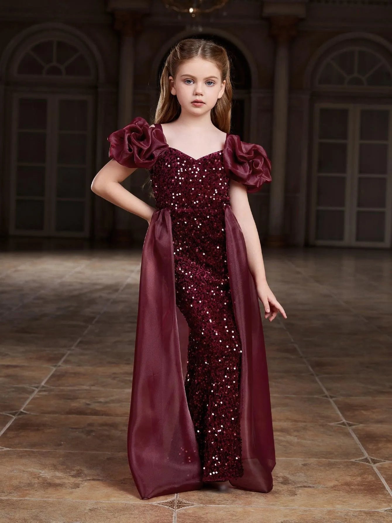 Additional product view of Mesh Overlay Sweetheart-Neck Sequin Mermaid Short-Sleeve Tween Girls' Party Dress