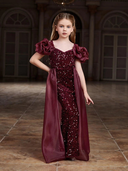 Additional product view of Mesh Overlay Sweetheart-Neck Sequin Mermaid Short-Sleeve Tween Girls' Party Dress