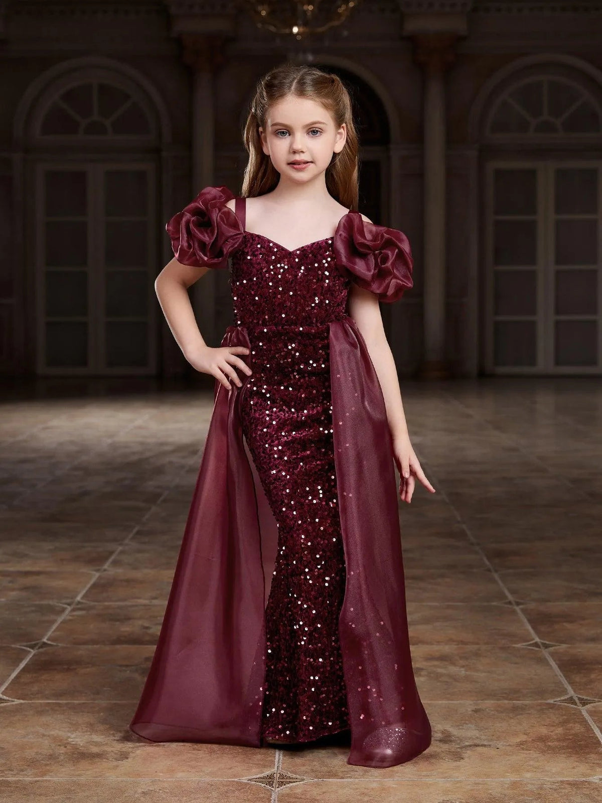 Additional product view of Mesh Overlay Sweetheart-Neck Sequin Mermaid Short-Sleeve Tween Girls' Party Dress