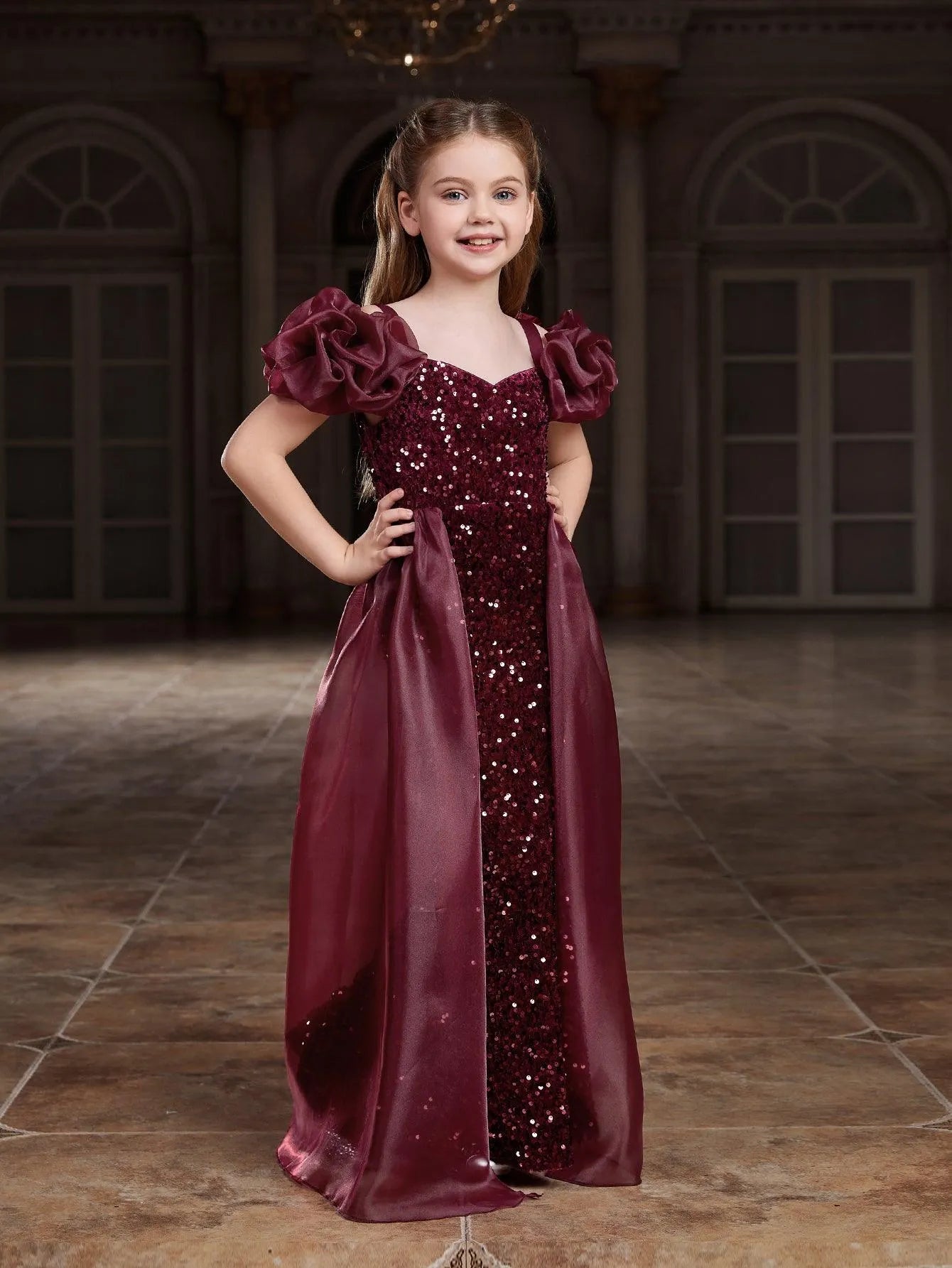 Additional product view of Mesh Overlay Sweetheart-Neck Sequin Mermaid Short-Sleeve Tween Girls' Party Dress