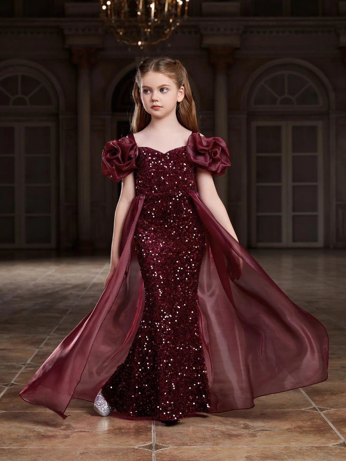 Alternate view of Mesh Overlay Sweetheart-Neck Sequin Mermaid Short-Sleeve Tween Girls' Party Dress in Burgundy