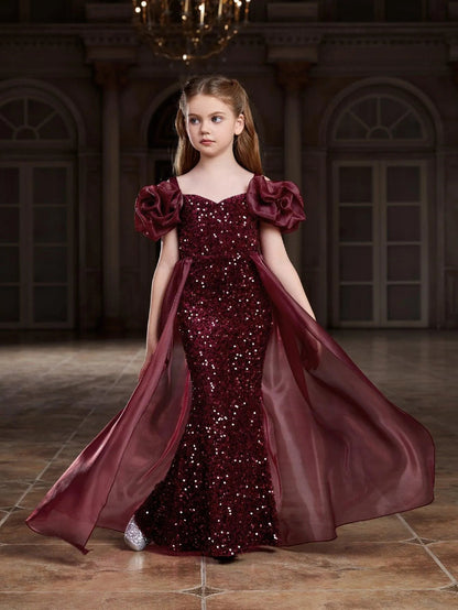 Alternate view of Mesh Overlay Sweetheart-Neck Sequin Mermaid Short-Sleeve Tween Girls' Party Dress in Burgundy