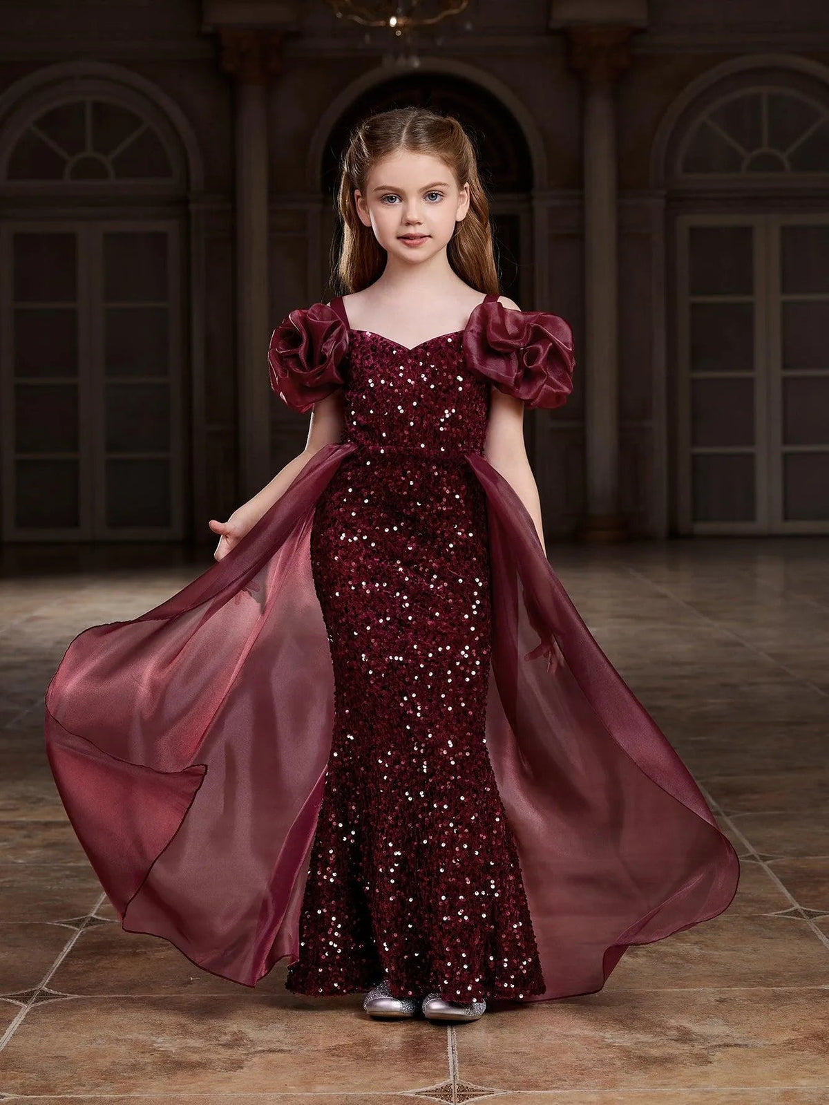 Additional product view of Mesh Overlay Sweetheart-Neck Sequin Mermaid Short-Sleeve Tween Girls' Party Dress