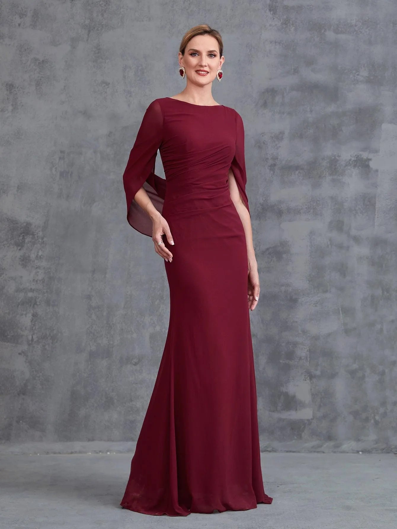 Alternate view of Mermaid Hem Chiffon Maxi Mother-of-the-Bride Dress in Burgundy