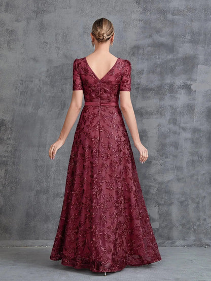 Additional product view of Short-Sleeve A-Line Sequin Maxi Mother-of-the-Bride Dress