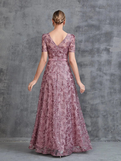Additional product view of Short-Sleeve A-Line Sequin Maxi Mother-of-the-Bride Dress