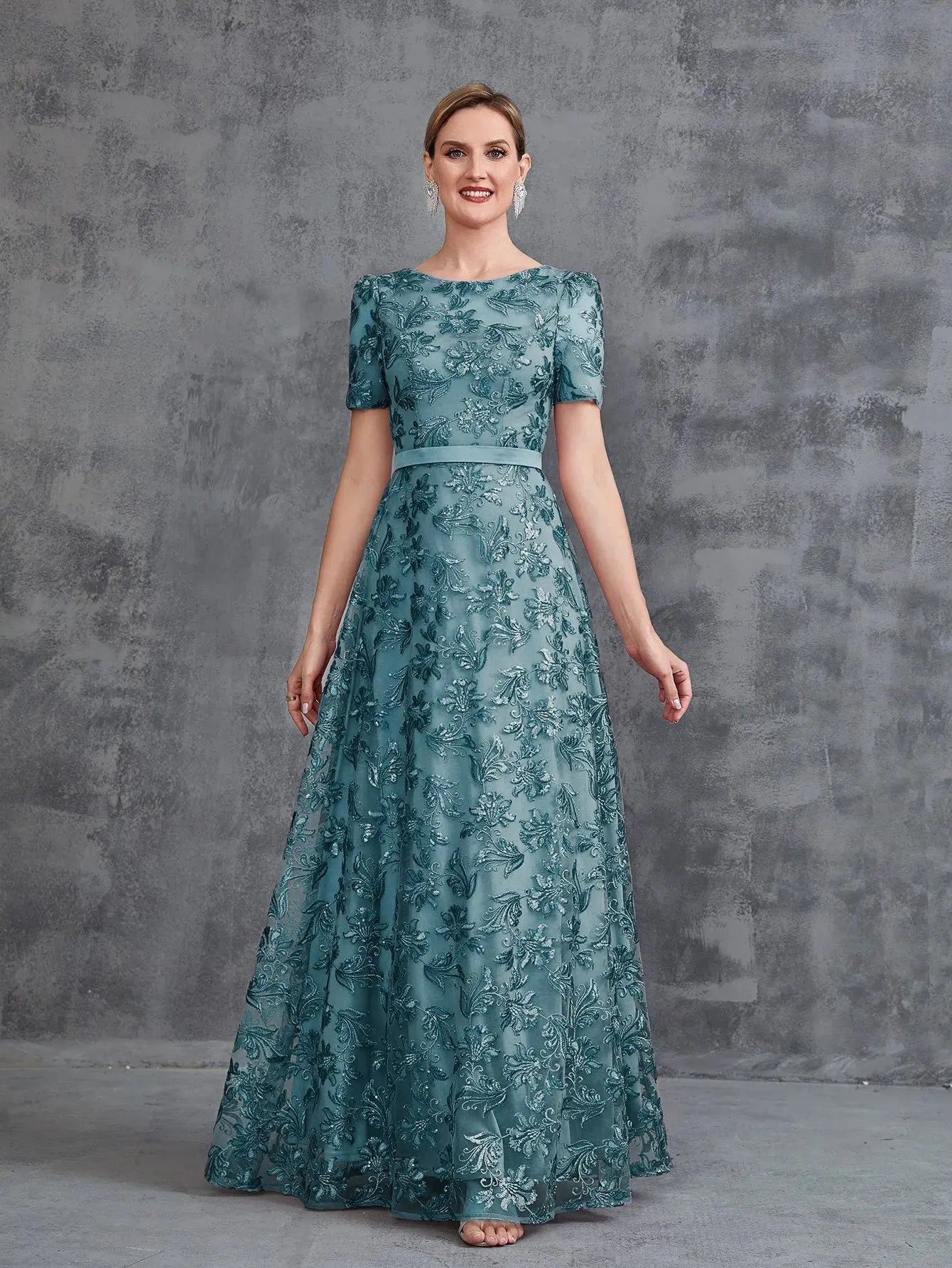 Additional product view of Short-Sleeve A-Line Sequin Maxi Mother-of-the-Bride Dress