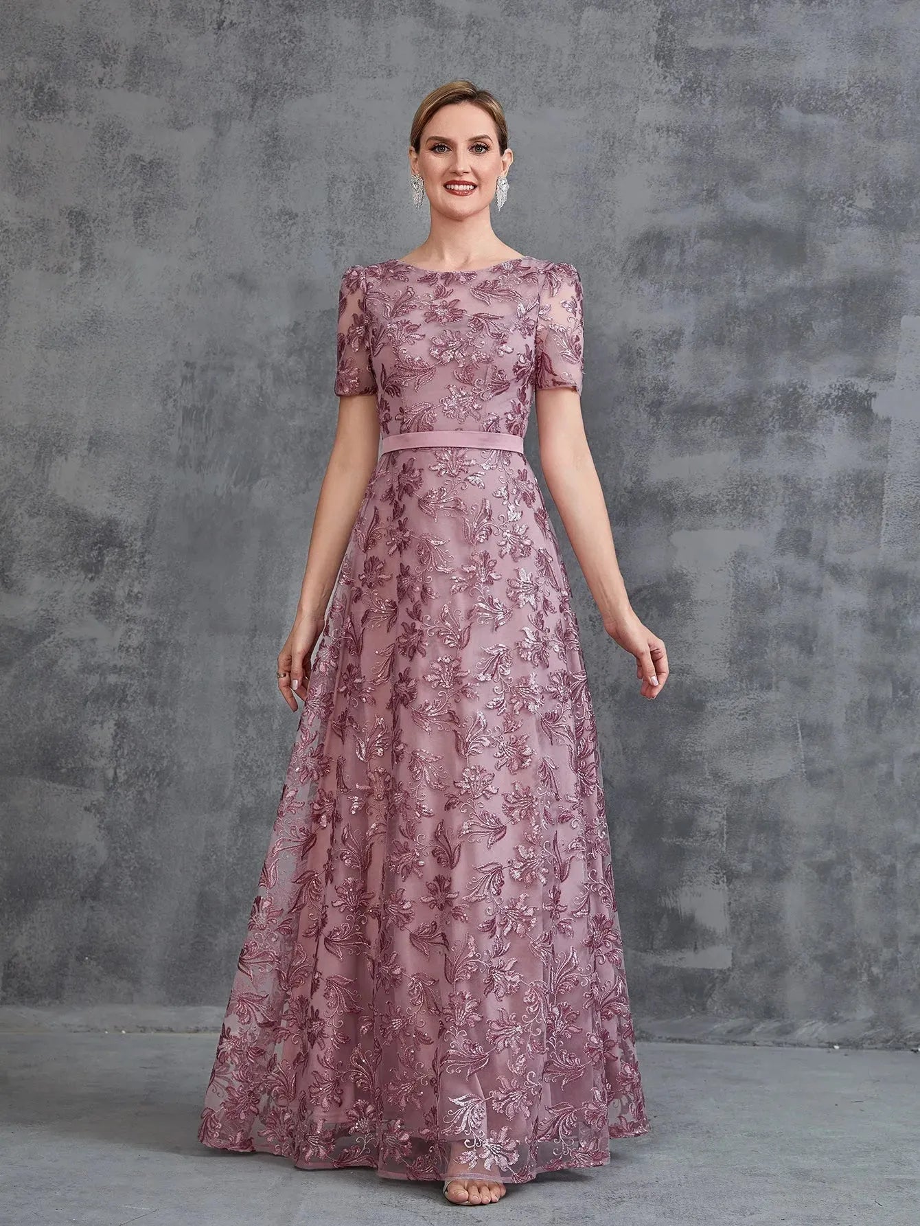 Additional product view of Short-Sleeve A-Line Sequin Maxi Mother-of-the-Bride Dress