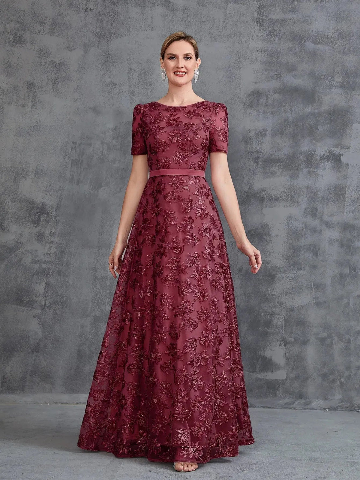 Additional product view of Short-Sleeve A-Line Sequin Maxi Mother-of-the-Bride Dress