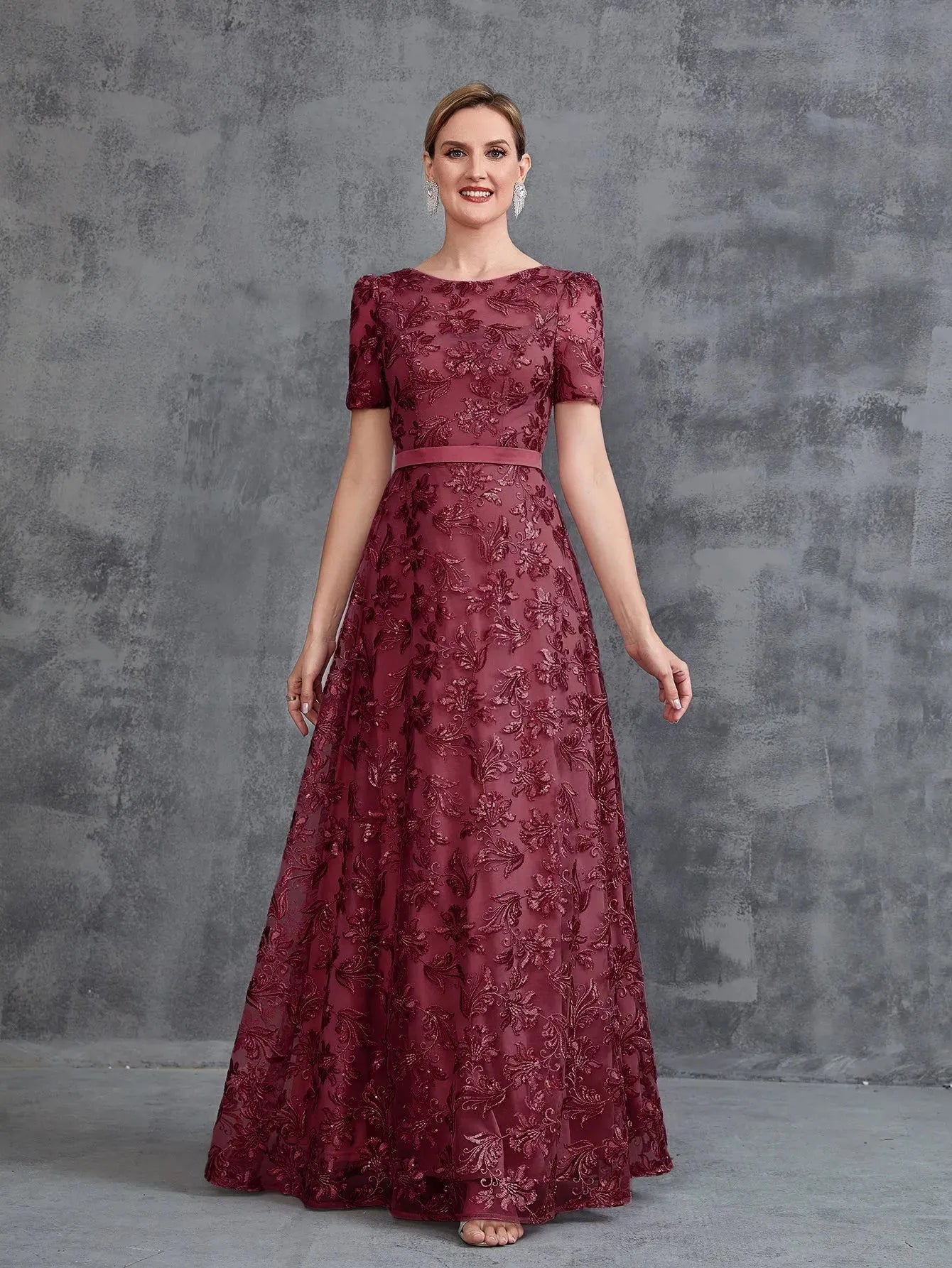 Additional product view of Short-Sleeve A-Line Sequin Maxi Mother-of-the-Bride Dress