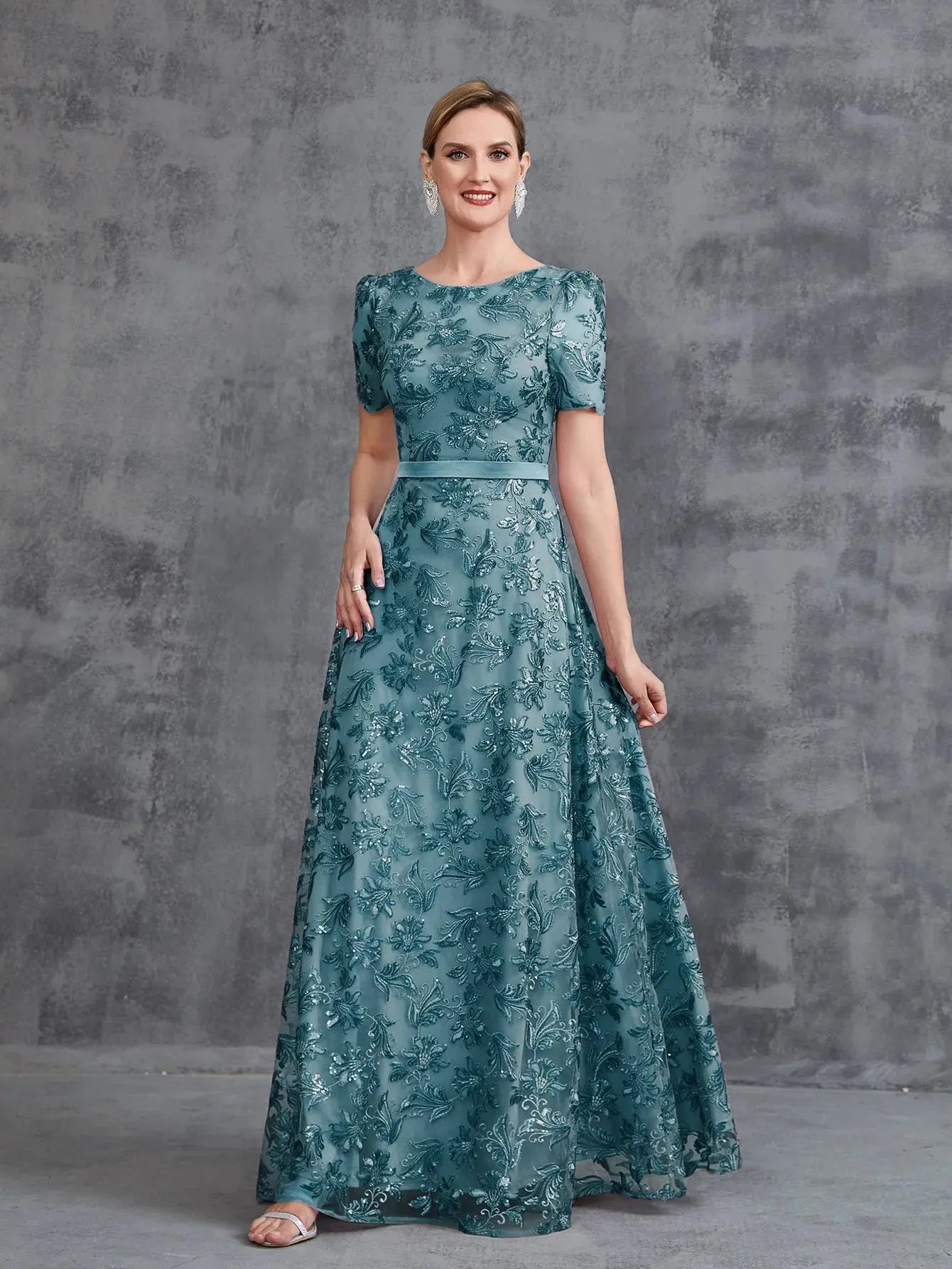 Additional product view of Short-Sleeve A-Line Sequin Maxi Mother-of-the-Bride Dress