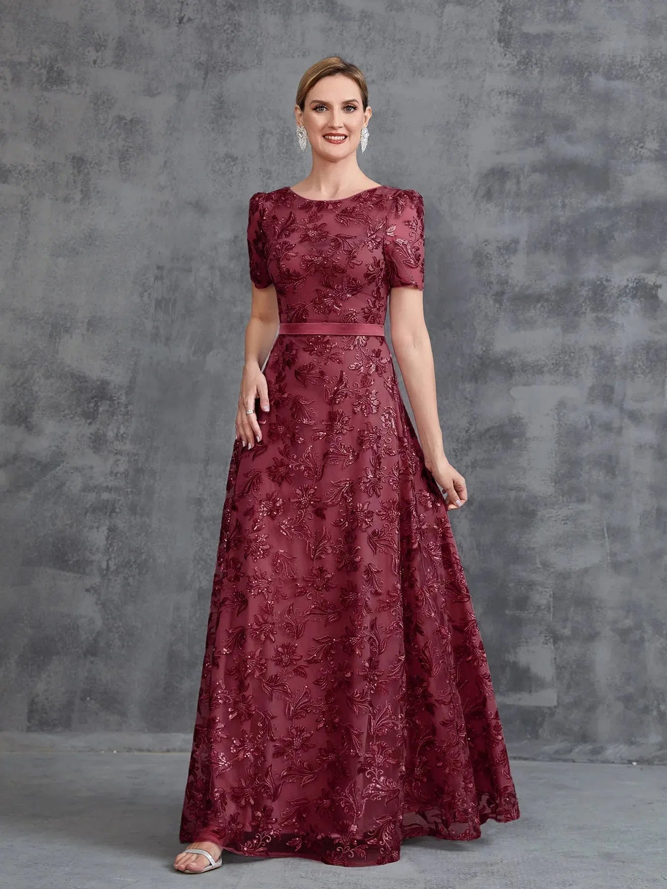 Additional product view of Short-Sleeve A-Line Sequin Maxi Mother-of-the-Bride Dress