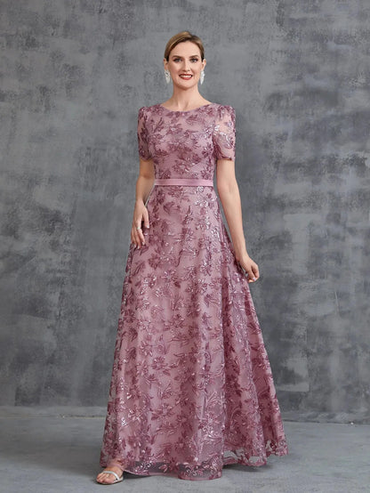 Additional product view of Short-Sleeve A-Line Sequin Maxi Mother-of-the-Bride Dress