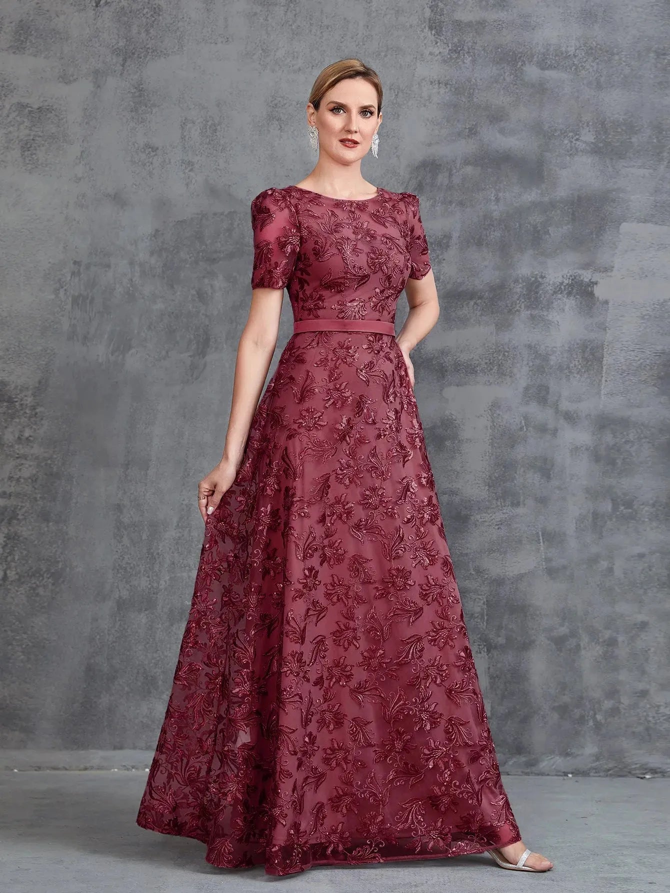 Additional product view of Short-Sleeve A-Line Sequin Maxi Mother-of-the-Bride Dress
