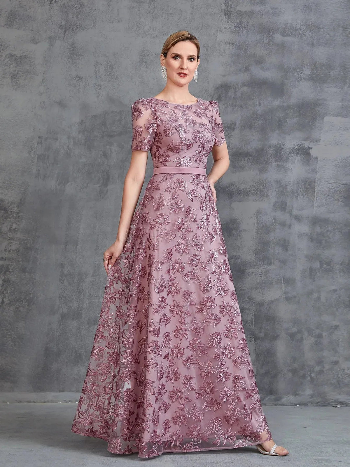 Additional product view of Short-Sleeve A-Line Sequin Maxi Mother-of-the-Bride Dress