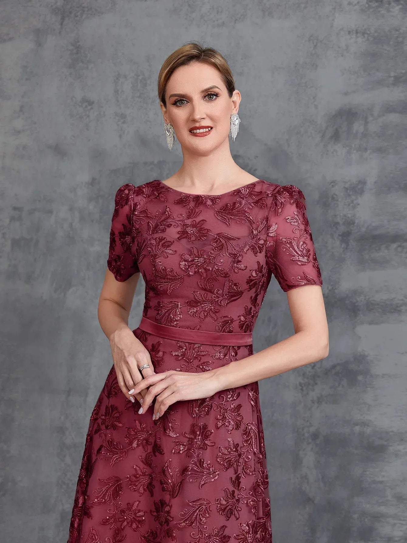 Additional product view of Short-Sleeve A-Line Sequin Maxi Mother-of-the-Bride Dress