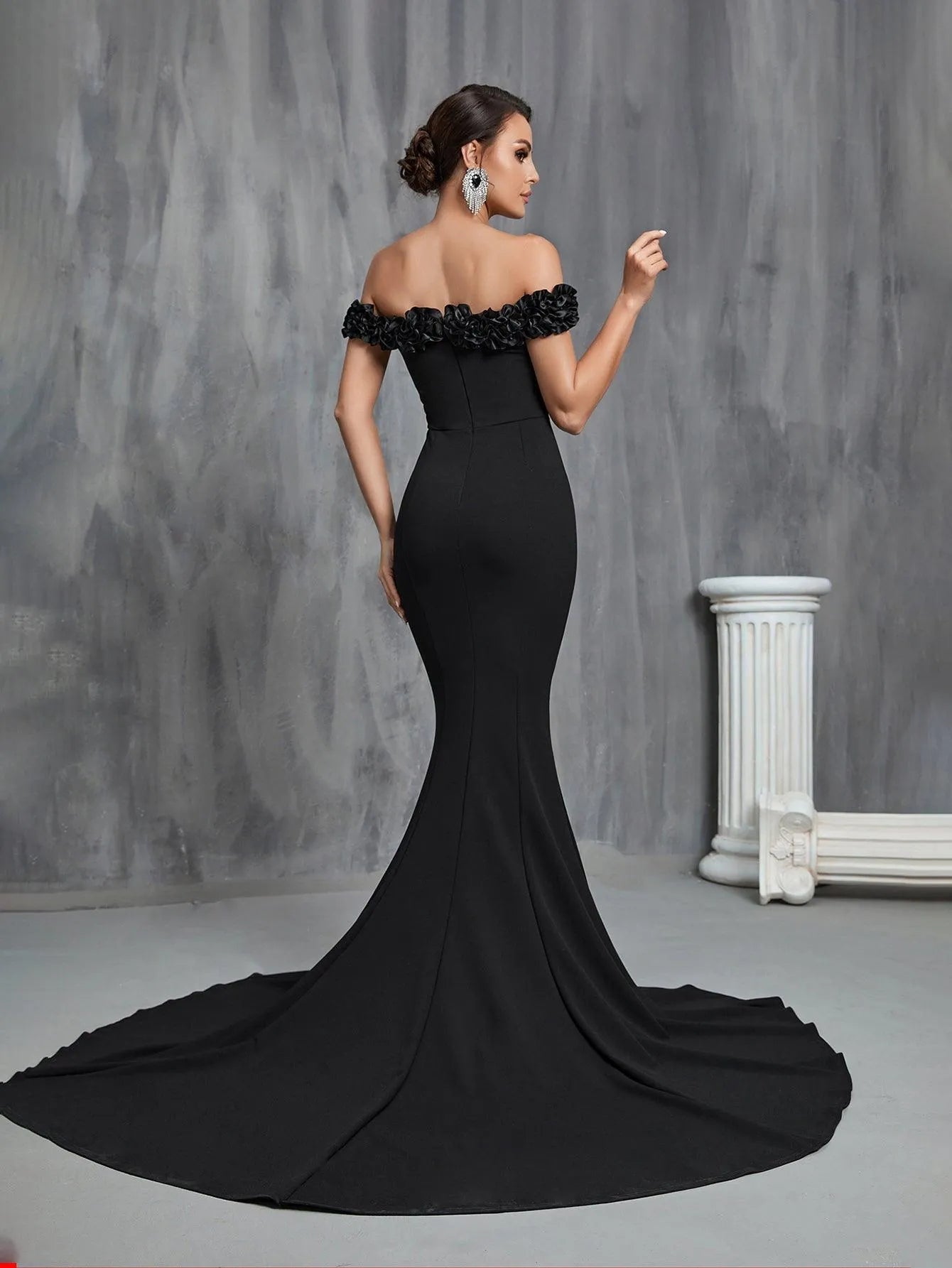 Alternate view of Ruffle Trim Mermaid Hem Knit Off-Shoulder Short-Sleeve Wedding Dress in Black